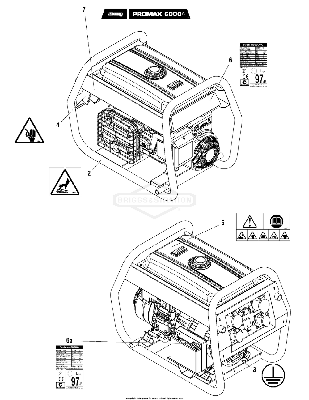 Decals (030399 030400 030401 030402) Diagram and Parts List for 9000EA Briggs and Stratton Generator